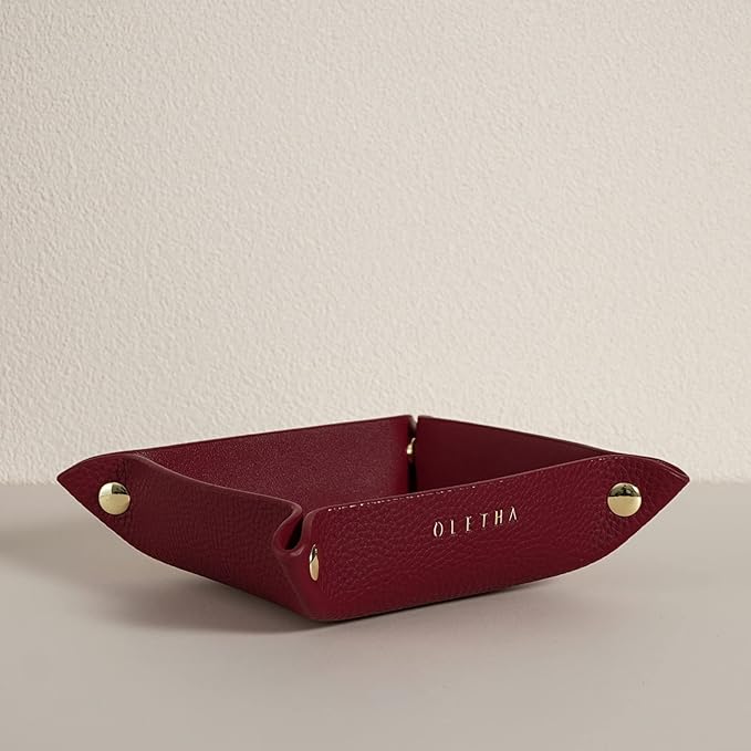 OLETHA Small Foldable Valet Tray - Aesthetic Desk Organizer for Home, Office & Travel - Portable Catch All Bowl for Keys, Jewelry & Essentials - Red