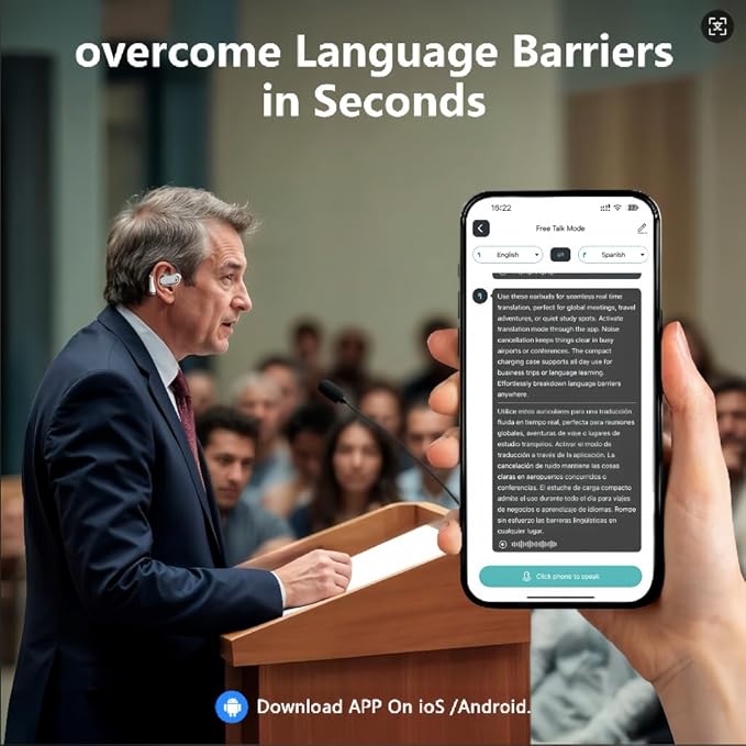 AI Translation Earbuds Real Time, LCD Touchscreen Real-Time Translator for 144 Languages & Accents Includes Free Subscription Translation Device Earphones for Travel Business Learning, Black
