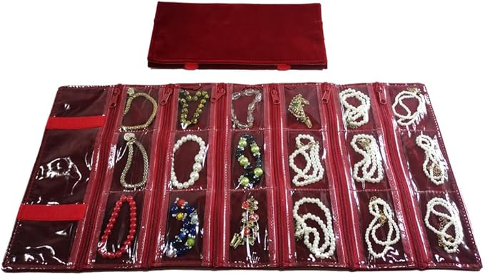 Travel Jewelry Roll Bag Portable Organizer Pouch With Grids&PVC Cover Storage Bags for Necklace, Bracelet, Bracelet,Ring, Badge, Pendant