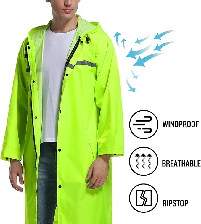 Mens Long Hooded Safety Rain Jacket Waterproof Emergency Raincoat Poncho