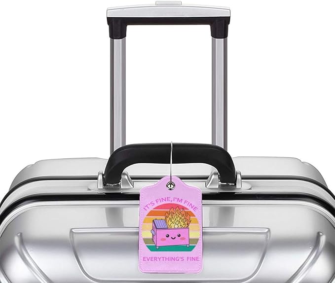 2 Pack Luggage Tags for suitcases Cute Pink Trash on fire I'm Fine It's Fine Luggage Tag, Leather Stainless Steel Loop Label Tag for Men Women Travel Bag Suitcase(Pink Trash)