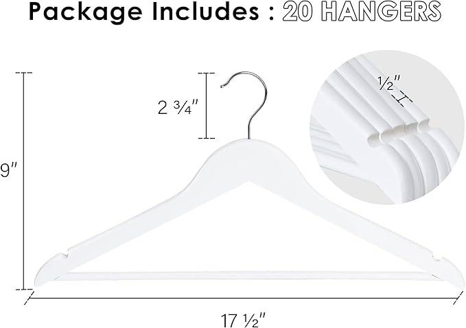 StorageWorks White Wooden Hangers, 20 Pack Wood Hanger for Closet, Coat Hangers for Coats, Shirts, Pants, Bridesmaid Suits, Wedding Dress