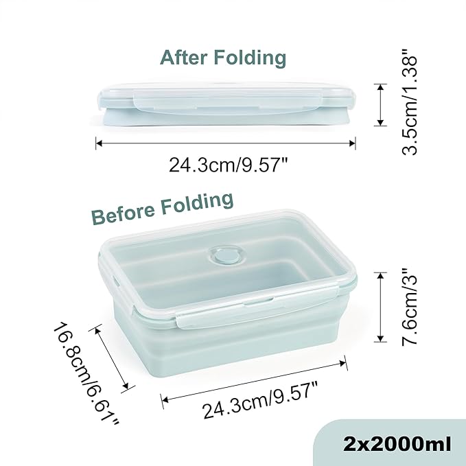Extra Large Collapsible Silicone Food Storage Containers With Lids, 2 Pack 2000ml, XXL Foldable Bento Lunch Box, Big Meal Boxes for Kitchen, Camping, Dishwasher, Microwave, Freezer Safe