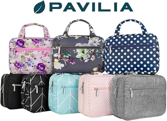 PAVILIA Hanging Toiletry Bag Travel Bag Women Men, Foldable Cosmetic Organizer, Roll up Makeup Bag, Water Resistant Accessories Toiletries, Large Travel Essentials Kit (Purple Floral)