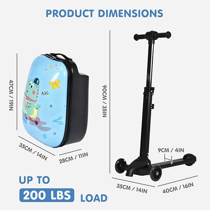 4-in-1 Detachable Scooter Luggage for Kids & Teens – Hardside Ride-On Suitcase with Led Light Up Wheels, Dinosaur Design, Lightweight Foldable, Perfect Travel Gift for Boys(Light Blue 22-inch)