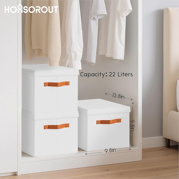 Storage Bins with Lids - Fabric Storage Baskets for Shelves, 6 Pack Foldable Decorative Boxes with Handles, Stackable Organizer Bins for Home, Nursery, Dorm, White