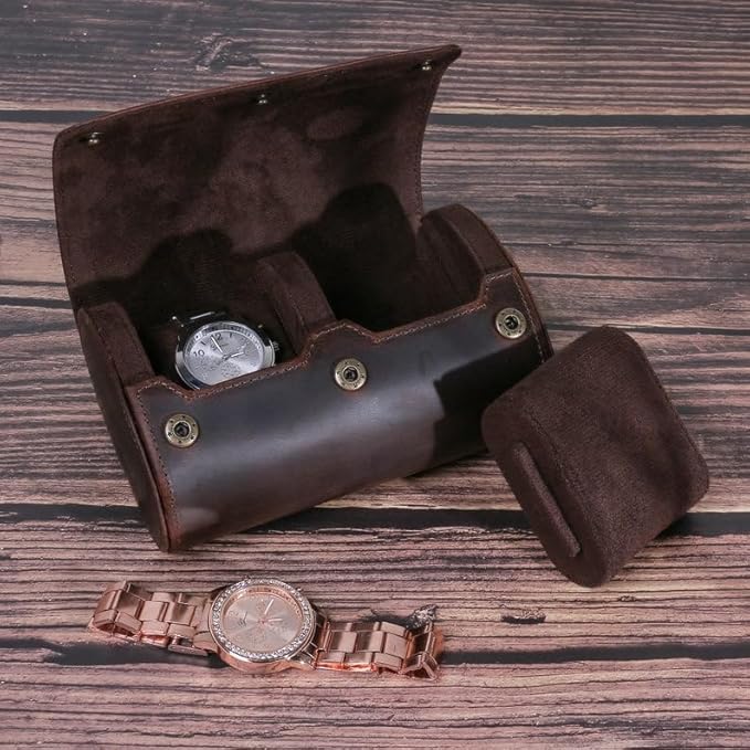 Genuine Leather Watch Roll Travel Case,2 Slots Vintage Full Grain Leather Watch Box with Pillow for Men,Watch Storage Organizer for Home Storage,Anniversary Birthday Christmas Gift
