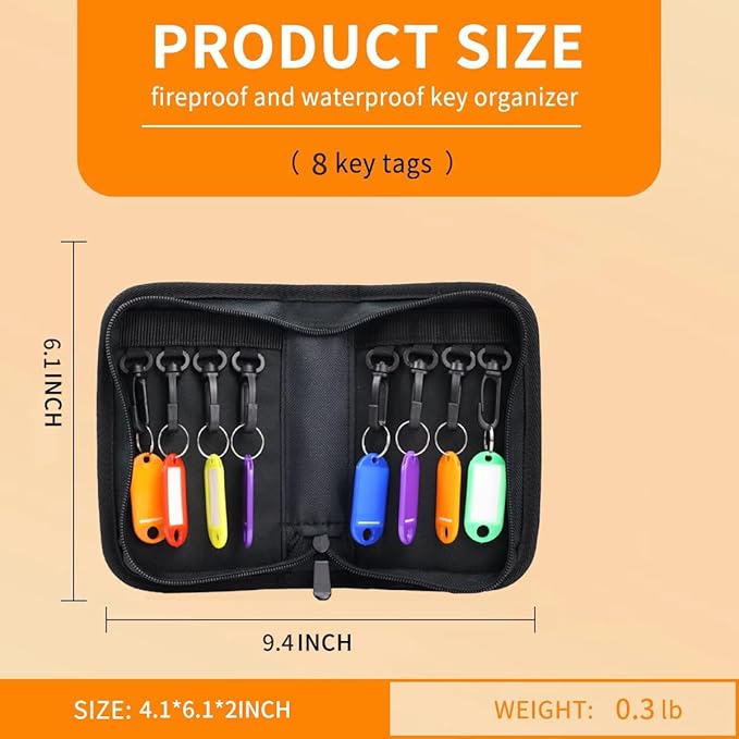 Portable Zippered Key Organizer, Fireproof Key Case with 8 Key Hooks and Tags,Waterproof Key Binder,Portable Key Storage for Estate Sales Hotel Executives and Car Service