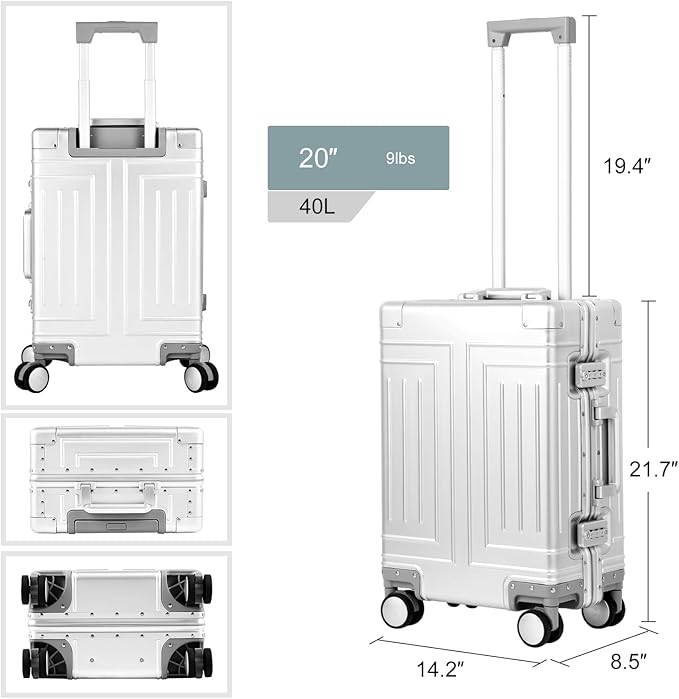 All Aluminum Magnesium 20/26 Luggage Set，Cut from Whole Aluminum Sheet，22x14x9 Airline Approved ，（3rd Generation，Premium Magnesium Metal zipperless suitcase ） (silvery, 20in+26in)