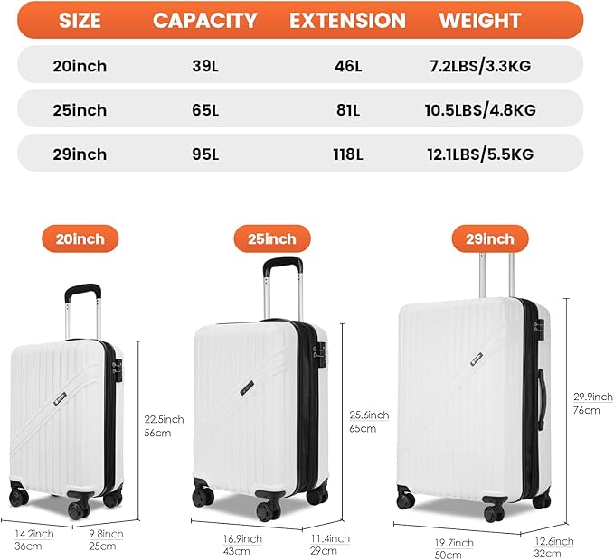 GinzaTravel Luggage Sets 3-Piece Expandable Suitcases with Wheels PC+ABS Durable Hardside Luggage sets TSA lock
