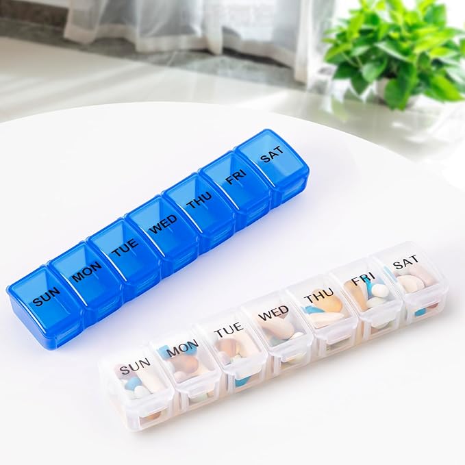 Small Pill Organizer 2 Times a Day, 2 Pack 7 Day Pill Box 1 Time a Day, Travel Friendly Day Night Vitamin Organizer, Weekly Pill Case Container