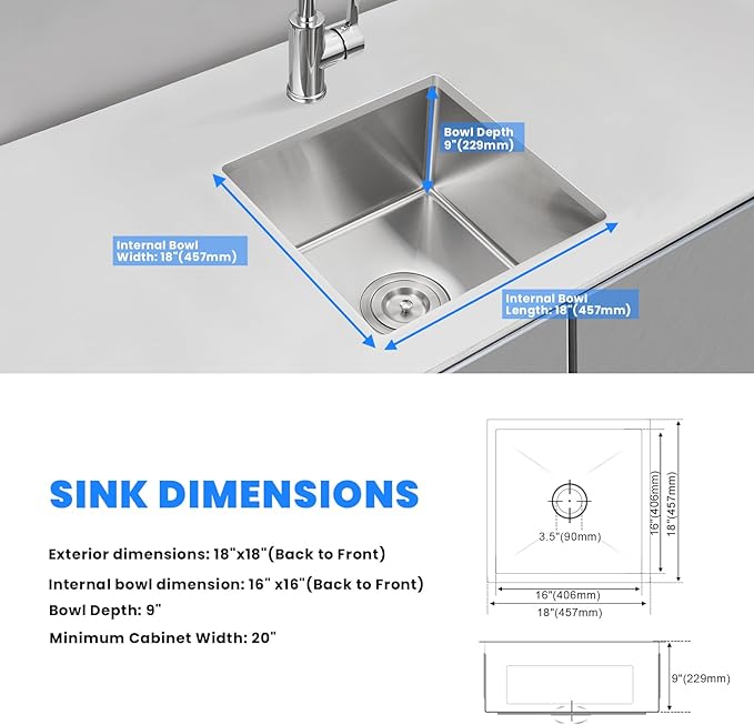 POPFLY 18 x 18 Inch Undermount Kitchen Sinks, Stainless Steel Single Bowl 9 Inches Deep Utility Small Bar or Prep Sinks, Brushed Nickel Laundry Room Sink（18×18×9）