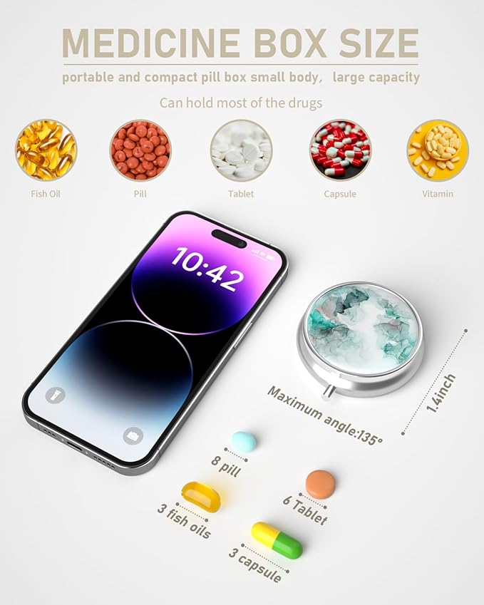 Pill Box, 3 Compartment Portable Travel Medicine Box with Mirror, Compact and Cute, Fits in Purse and Pocket, Medicine and Vitamin Organizer (Green White Marble)