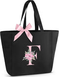Vavabox Tote Bag, A-Z Initial Monogrammed Waterproof Tote Bag, Bridesmaid Gifts for Women, Black and Pink
