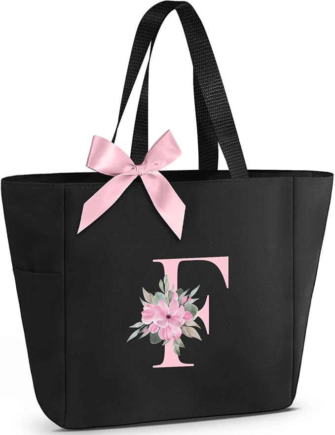 Vavabox Tote Bag, A-Z Initial Monogrammed Waterproof Tote Bag, Bridesmaid Gifts for Women, Black and Pink