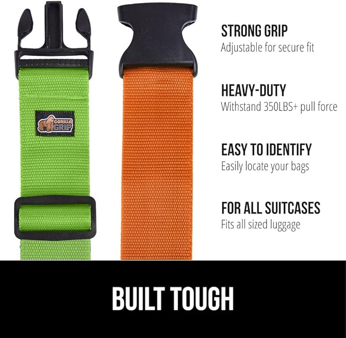 GORILLA GRIP Heavy Duty 8 Pack Adjustable Luggage Straps for Suitcases, Easy to Identify Travel Belt Connector Holds Suitcase Together, Extends Life of Bag, Strap Connects Two Bags, Multicolor