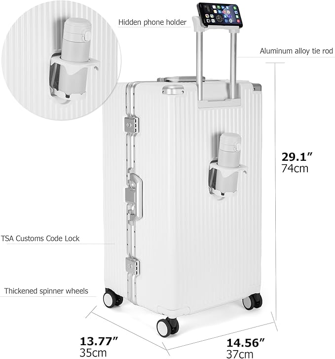 feilario 29in Super Large Captain Aluminum Frame Hardside Spinner Wheels Luggage, Removable Wheels Zipperless Checked Suitcase with Cup Holder/Phone Holder