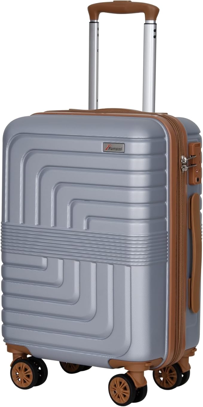 Romswi Expandable 22" Carry On Luggage,Hardshell Suitcase with Double Spinner Wheels for 20% More Space, Airline Approved Lightweight Hardside Luggage, Scratch-Resistant & YKK Zipper,Silver