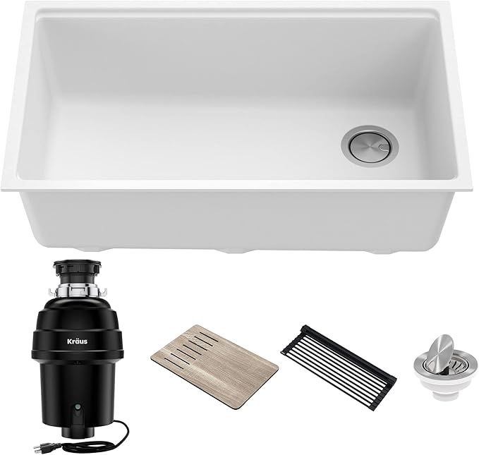 Kraus KGUW1-33WH-100-100, Bellucci Workstation 32 in. Undermount Granite Composite Single Bowl Kitchen Sink in White with WasteGuard 1 HP Continuous Feed Garbage Disposal and Accessories