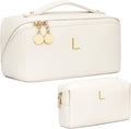 Birthday Gifts for Women Teen Girl, Personalized Initial Makeup Organizer Bag Set, Open Flat Travel Cosmetic Bag With Clear Divider and Handle(Beige,L)