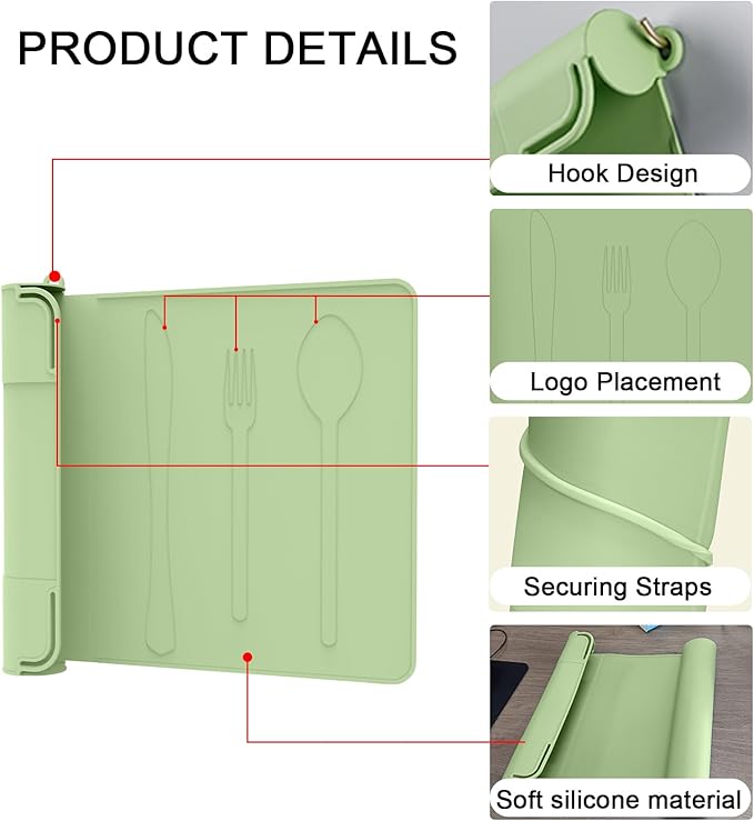 Utensil Box, Tableware Silicone Portable Box Silverware mat, Suitable for Kitchen Utensils, Portable Outdoor Camping Spoon Fork Utensils Storage mat (Green)