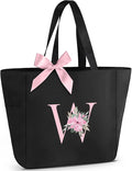 Vavabox Tote Bag, A-Z Initial Monogrammed Waterproof Tote Bag, Bridesmaid Gifts for Women, Black and Pink