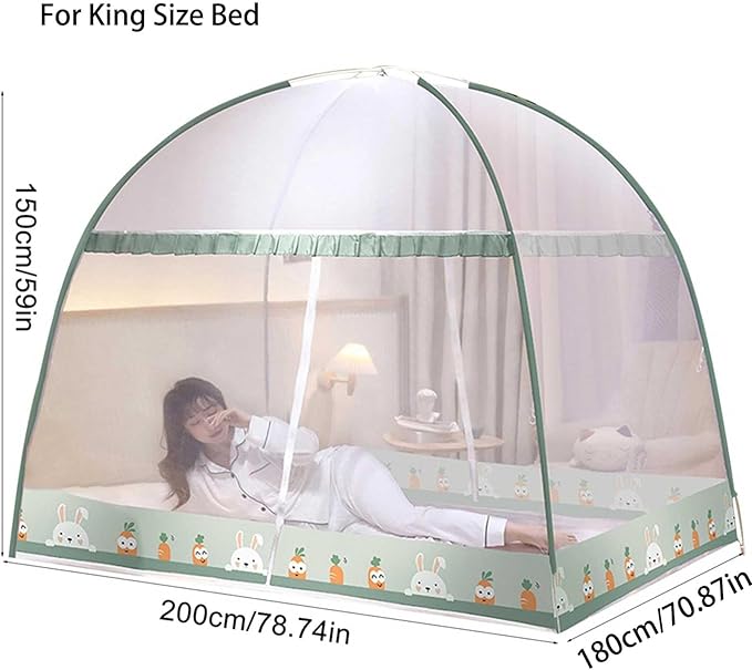 Pop-Up Mosquito Net Tent for Beds Portable Folding Canopy with Net Bottom, Fits Twin to King Size 79x71x59inch, Easy Install Wash for Baby Adults, Indoor Outdoor Use (Green RABIT-King Bed)