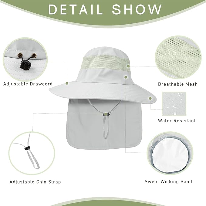 Fishing Hat Breathable Wide Brim Sun Hats with Neck Flap Bucket Hat Outdoor Safari Hat for Men Women UPF 50+ Sun Protection