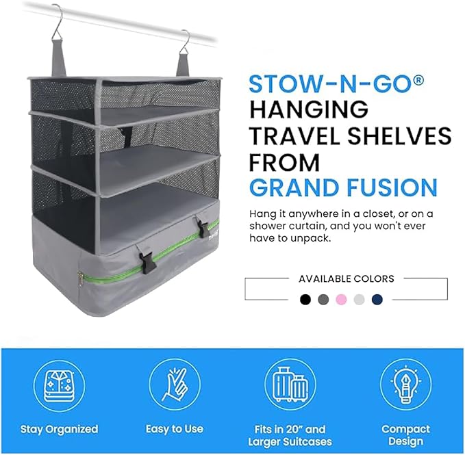 Stow-N-Go Travel Luggage Organizer – Portable Hanging Travel Shelves, Carry-On Closet Organizer, Hanging Packing Cubes, Collapsible Carry-On Organizer for Cruises & Hotels. Light Gray - XL