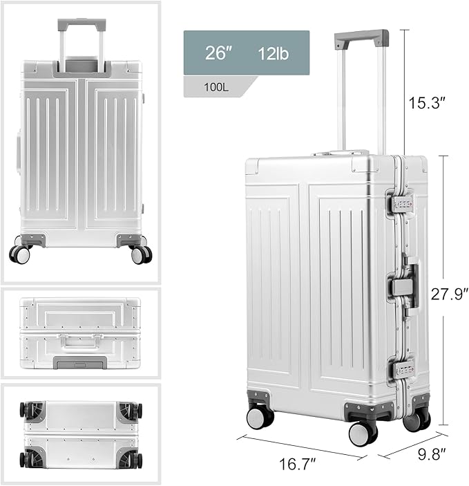 All Aluminum Magnesium Carry On Luggage，Cut from Whole Aluminum Sheet，22x14x9 Airline Approved ，（3rd Generation，Premium Magnesium Metal zipperless suitcase ） (silvery, 28inch)
