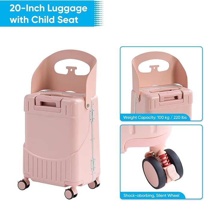 TABU 20" Ride-on Luggage with Seat For Kids & Adults，Carry On Hardshell Ride On Suitcase with 360° Lockable Spinner and TSA Lock, Pink