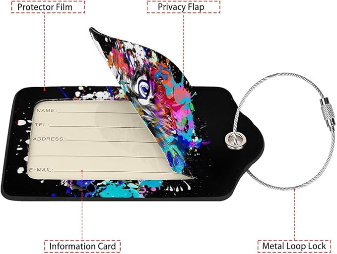 Colorful Cat Head 2 Pack Luggage Tag for Suitcase, Leather Bag Tags Identifiers Privacy Cover ID Label with Steel Loop for Women Men Kids Girls Travel