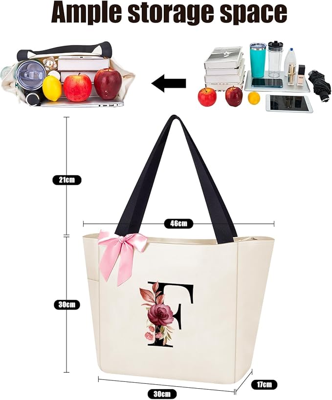 Vavabox Tote Bag, A-Z Initial Monogrammed Waterproof Tote Bag, Bridesmaid Gifts for Women, Black and Pink
