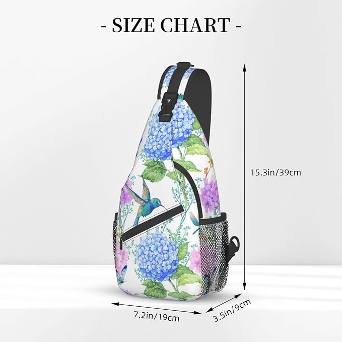 SUPLUCHOM Sling Bag Spring Hummingbird Flower Hydrangea Hiking Daypack Crossbody Shoulder Backpack Travel Chest Pack for Men Women Over 12 Years Old
