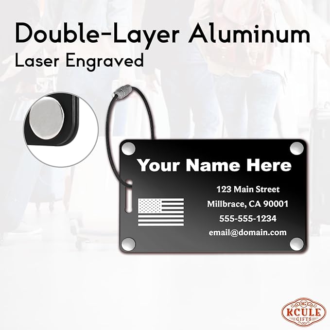 Personalized Luggage Tags: Custom Metal Luggage Tags for Suitcases, Backpacks and Bags with Your Personalized Text (Black)