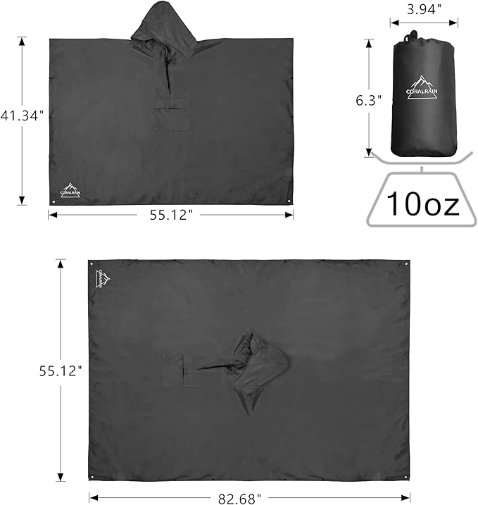 Coralrain Hooded Rain Poncho Lightweight Waterproof Unisex Raincoat Jacket with Pocket for Men Women Adult