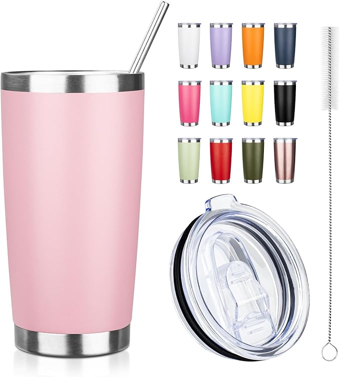 20oz Tumbler with Straw and Brush, Stainless Steel Vacuum Insulated tumbler, Double Wall Insulated Coffee Tumbler for Outdoor, Home, Travel,Office (Light Pink,1pcs)
