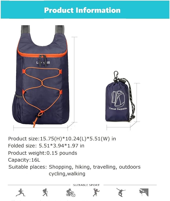 16L Hiking Daypack Lightweight Foldable Travel Backpack Water Repellent Camping Outdoor Packable Easy Carry-on Bag(Dark Blue)