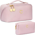 Birthday Gifts for Women Teen Girl, Personalized Initial Makeup Organizer Bag Set, Open Flat Travel Cosmetic Bag With Clear Divider and Handle(Pink,C)