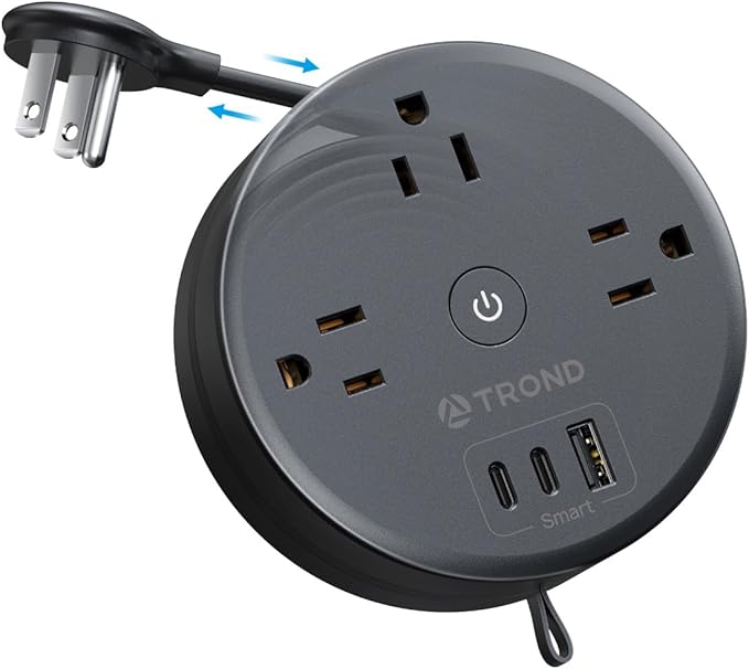 TROND Retractable Extension Cord Power Strip - Travel Power Strip with 3 AC Outlets 3 USB Ports (2 USB C), Ultra Thin Flat Plug 5ft, Cruise Ship Essentials, for Home Hotel Dorm Room, Black
