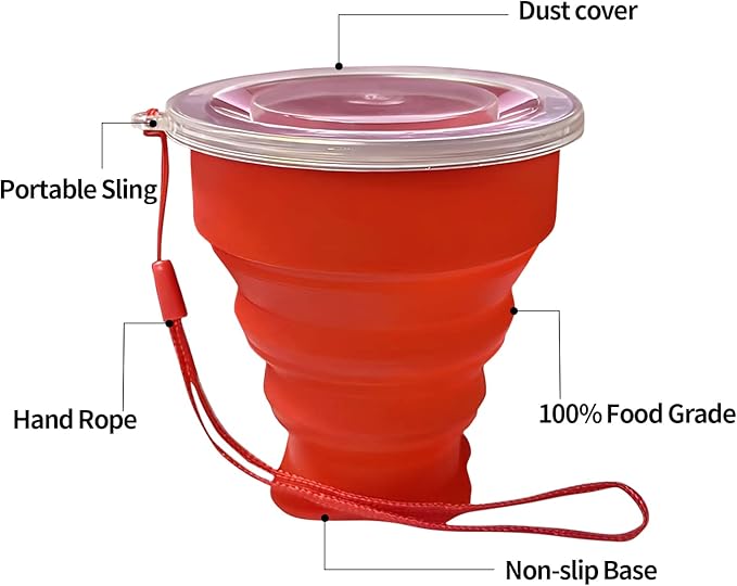 Collapsible Cup - Silicone Foldable Cup-Expandable Folding Drinking Cup -Reusable Portable Mugs Cups For Travel, Camping, Hiking, Survival, Car, Picnic, Beach, Holiday Vacation, Outdoor Sports Red