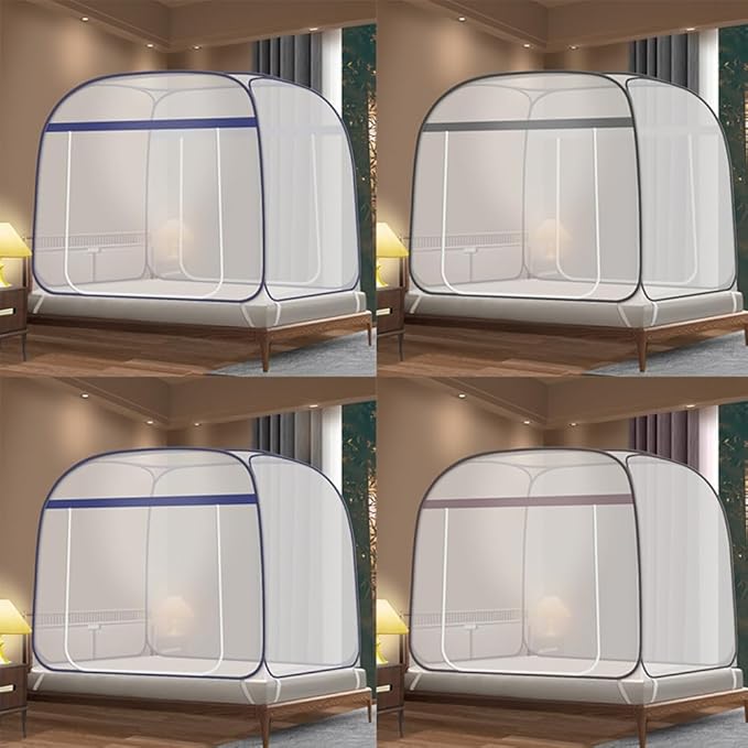 Pop-Up Mosquito Net Tent for Beds Portable Folding Canopy with Net Bottom, Fits Twin to King Size 79x71x59inch, Easy Install Wash for Baby Adults, Indoor Outdoor Use (Blue-Queen Bed)