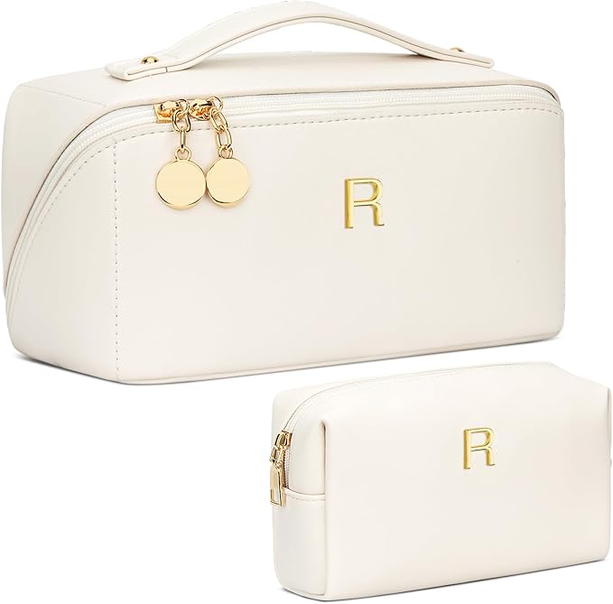 Birthday Gifts for Women Teen Girl, Personalized Initial Makeup Organizer Bag Set, Open Flat Travel Cosmetic Bag With Clear Divider and Handle(Beige,R)