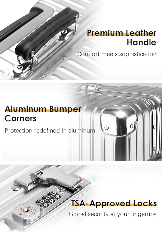 HotWay 20 Inch All Aluminum Carry On Luggage with Leather Handle, Hard Shell Zipperless Suitcase with TSA Locks and Spinner Wheels, Travel Luggage (22x14x9 Airline Approved), Gold
