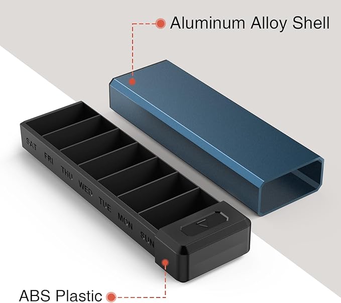 HEIYING Pill Organizer with Aluminum Shell for One Week Capacity, Portable 7 Compartments Pill Box Container to Hold Vitamin, Medicine, Supplements