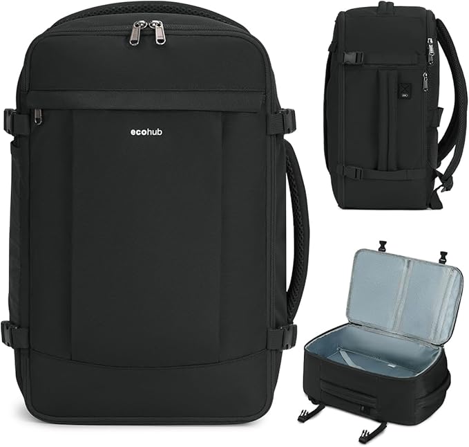 ECOHUB Travel Backpack for Men Women, Carry on Backpack with USB Charging Hole, Spirit Airlines Personal Item Bag Flight Approved, 15.6 Inch Laptop Backpack with Anti Theft Pockets, 30L, Black