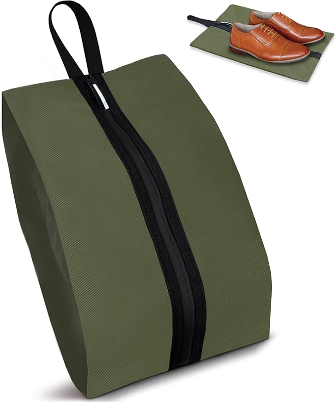 Shoe Bags for Travel Waterproof Odor Absorbing Lightweight Golf Soccer Shoe Storage Organizer Pouch with Smooth Zipper and Handle, Portable Travel Essentials (Dark Green, 1-Pack)