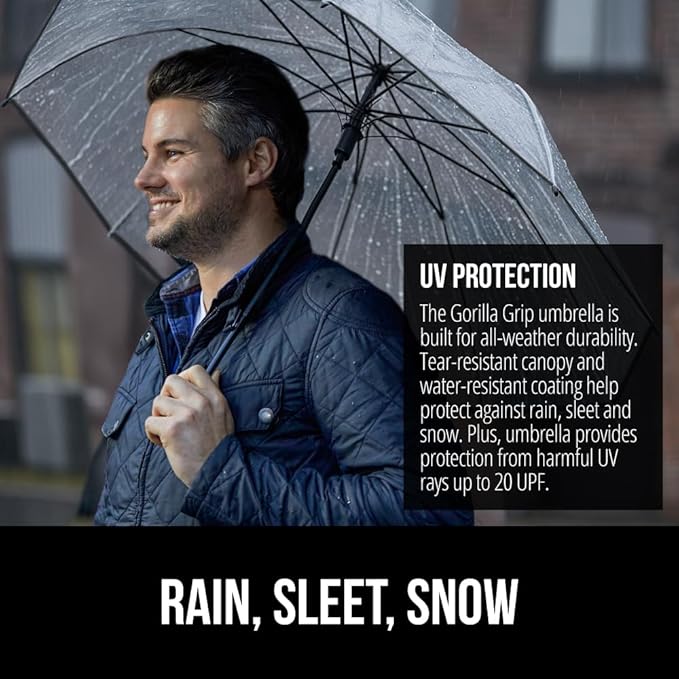 GORILLA GRIP Strong Stick Umbrella for Rain, Compact Travel One-Click Automatic Open Close, Lightweight, Portable, US Designed Reinforced Fiberglass Ribs, Wind Resistant, Easy Collapse, Clear