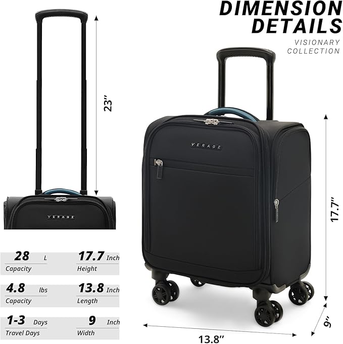 Verage Under Seat Luggage with Wheels, Softside Small Suitcase Spinner Carry On Luggage Bags for Airlines Airplanes Short Trip Men Women (Black, 14.5-Inch Plus Underseat)