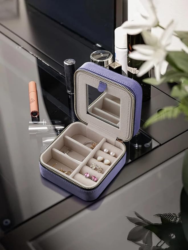 S.Leaf Mini Travel Jewelry Case - Portable Organizer Box for Women (Suede Touch, Dust Lavender)